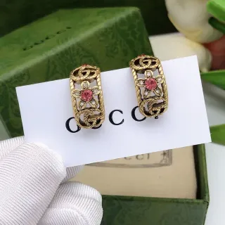 Gucci Floral Motif Gold-Tone Pink Stone Earrings