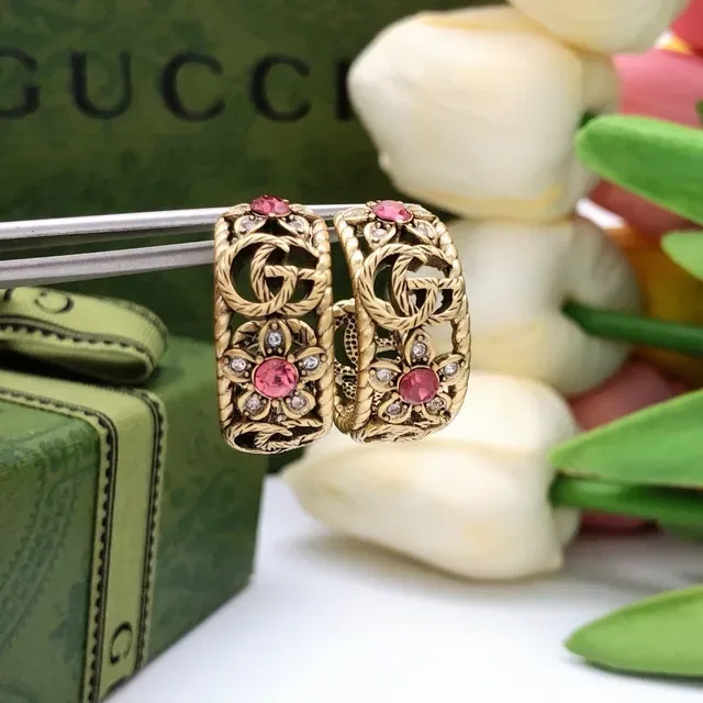 Gucci Floral Motif Gold-Tone Pink Stone Earrings 2