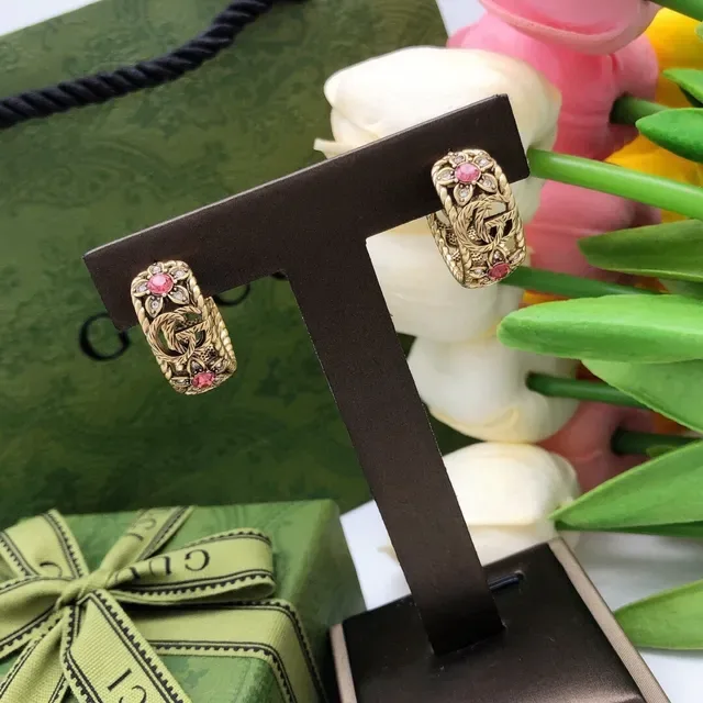 Gucci Floral Motif Gold-Tone Pink Stone Earrings 3