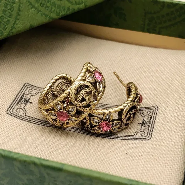 Gucci Floral Motif Gold-Tone Pink Stone Earrings 4