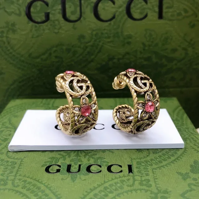 Gucci Floral Motif Gold-Tone Pink Stone Earrings 5