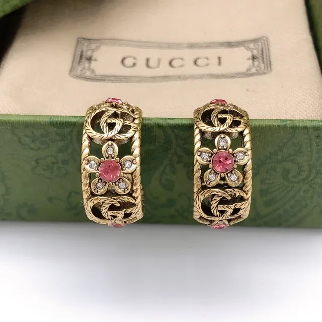 Gucci Floral Motif Gold-Tone Pink Stone Earrings 6