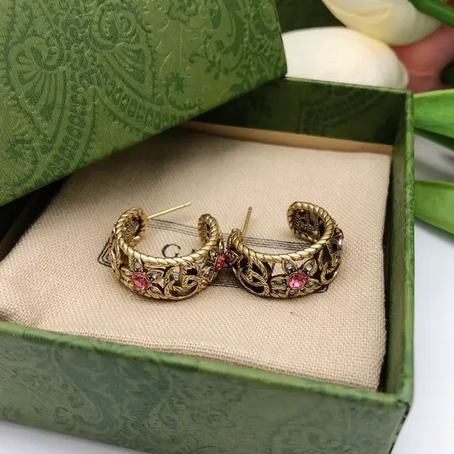 Gucci Floral Motif Gold-Tone Pink Stone Earrings 7