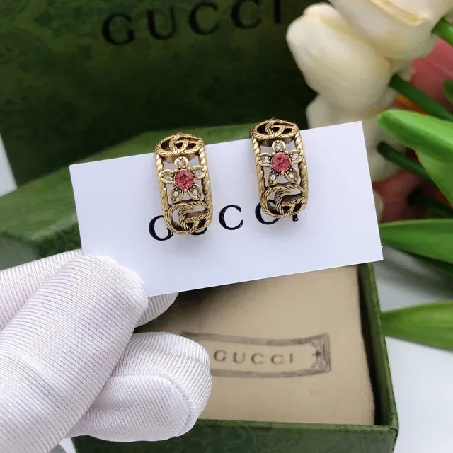 Gucci Floral Motif Gold-Tone Pink Stone Earrings 8