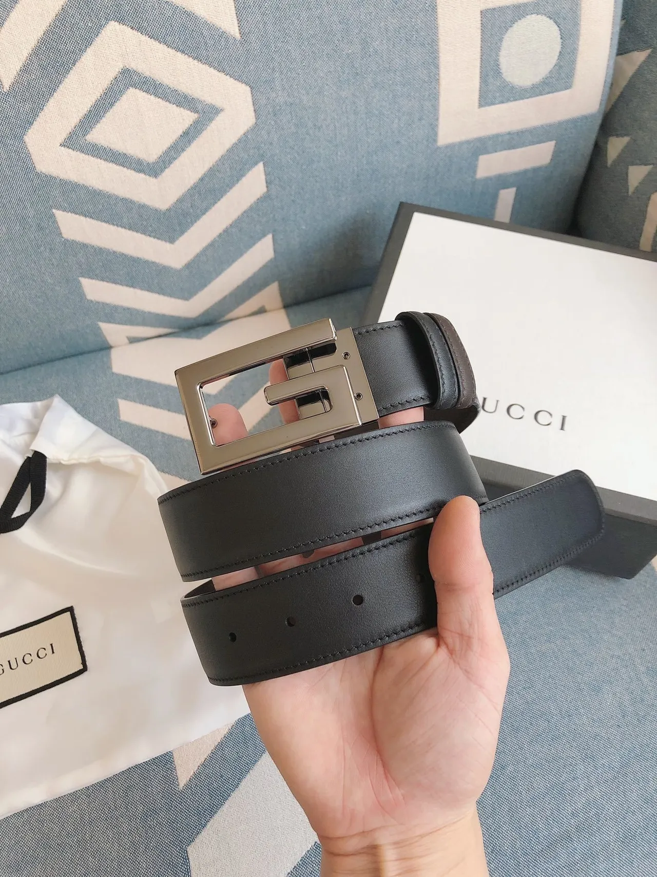 Gucci G-G Buckle Belt Black Brown Smooth Silver-Tone Leather Belt 3