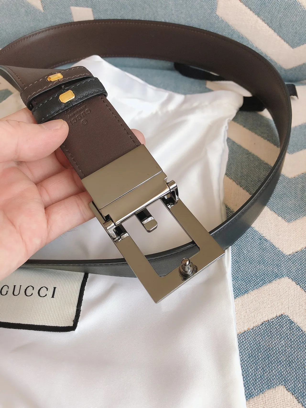 Gucci G-G Buckle Belt Black Brown Smooth Silver-Tone Leather Belt 6