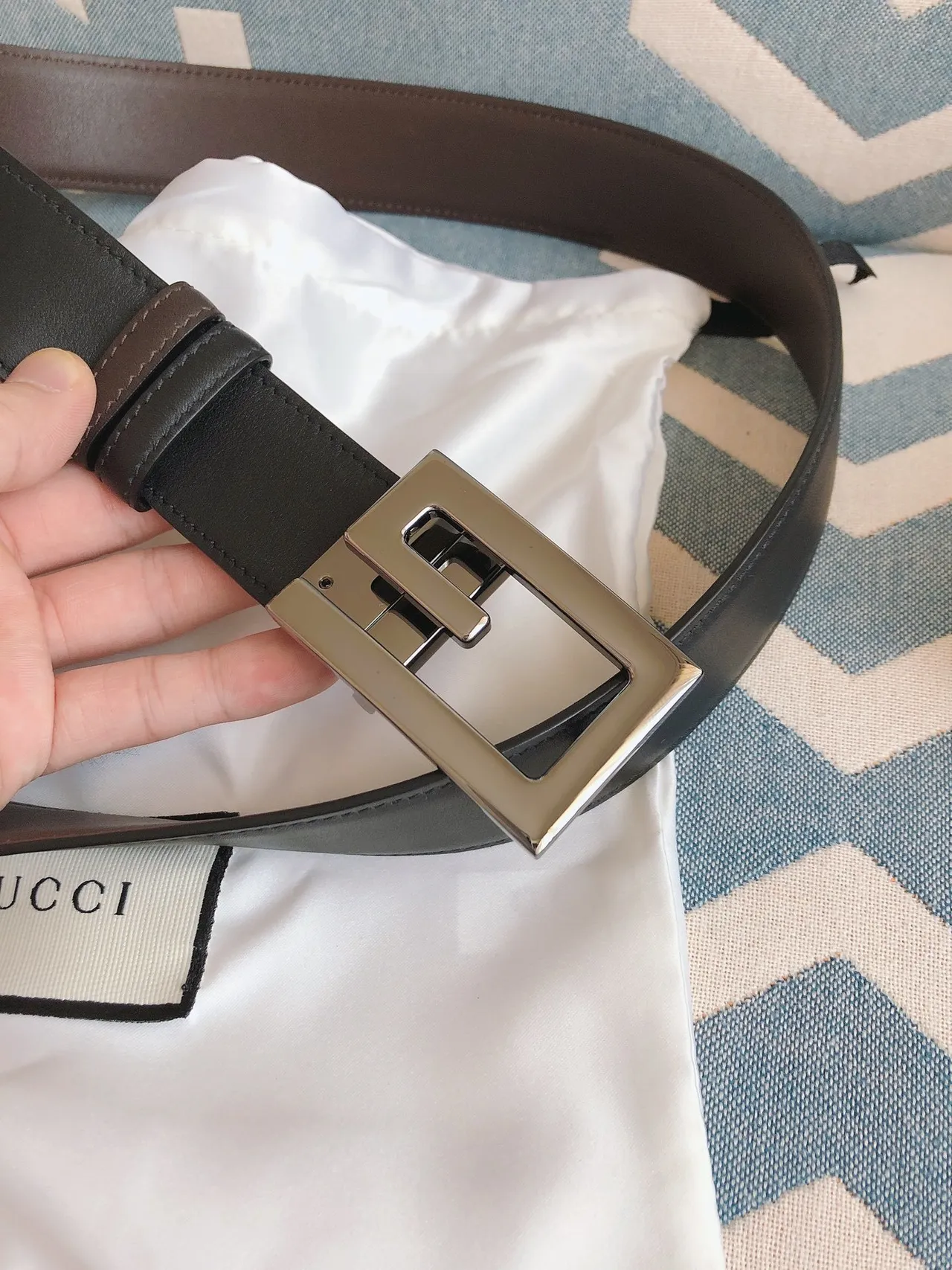 Gucci G-G Buckle Belt Black Brown Smooth Silver-Tone Leather Belt 7