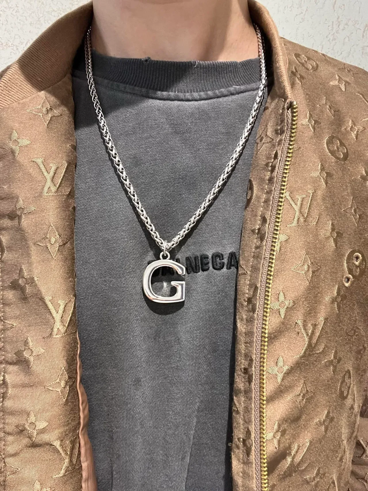 Gucci G-Logo فضي أخضر سلسلة ارتباط القمح المضفرة تعليق مفتوح قلادة 5