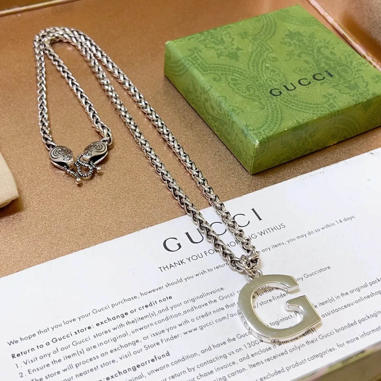 Gucci G-Logo فضي أخضر سلسلة ارتباط القمح المضفرة تعليق مفتوح قلادة 6