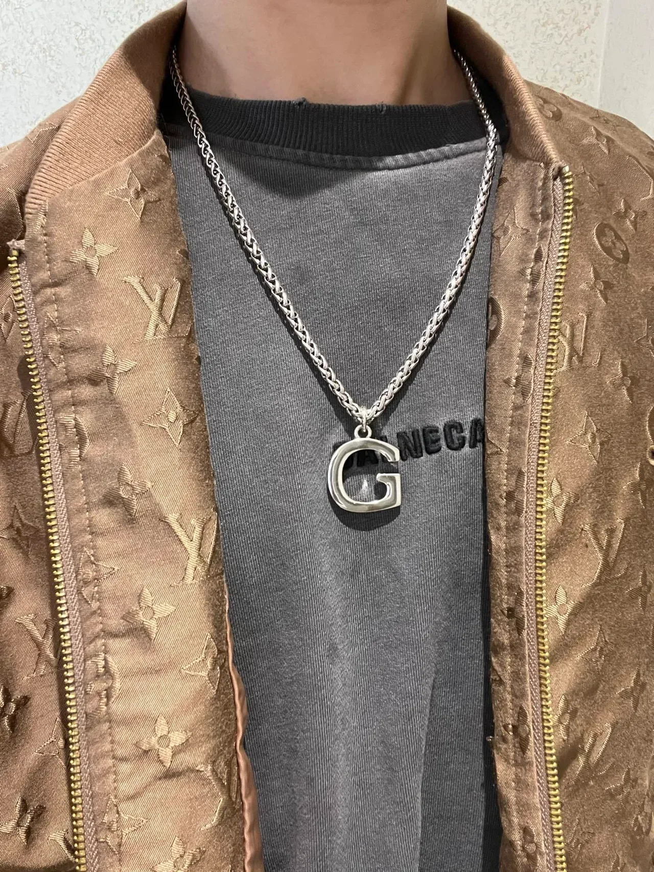 Gucci G-Logo فضي أخضر سلسلة ارتباط القمح المضفرة تعليق مفتوح قلادة 8