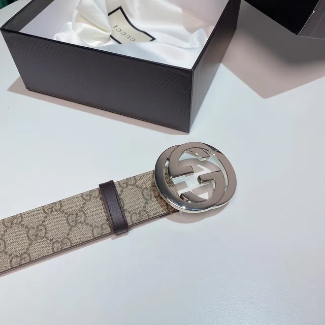 Gucci GG Marmont Beige Brown Monogram Canvas Interlocking G Buckle Leather Belt 4