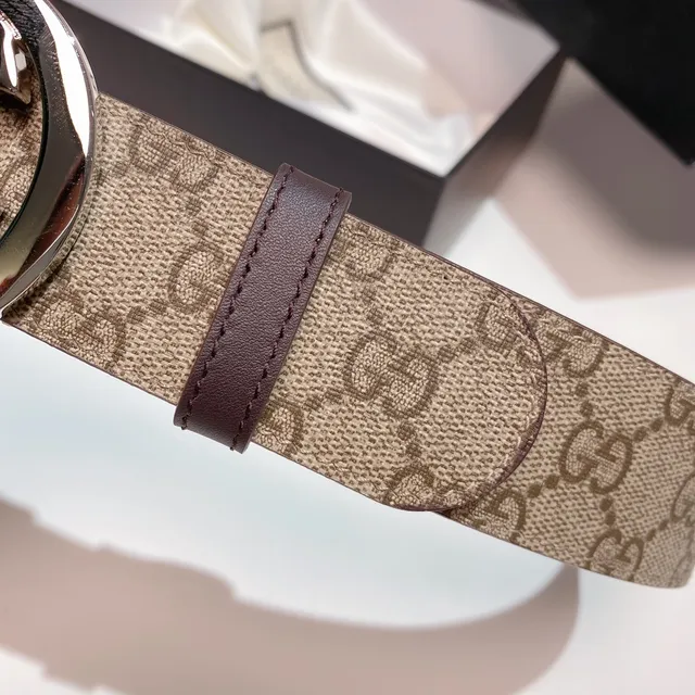 Gucci GG Marmont Beige Brown Monogram Canvas Interlocking G Buckle Leather Belt 5