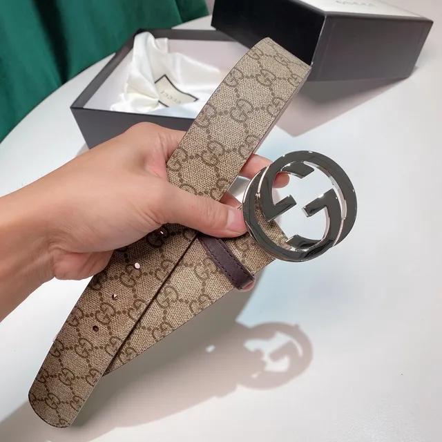Gucci GG Marmont Beige Brown Monogram Canvas Interlocking G Buckle Leather Belt 6
