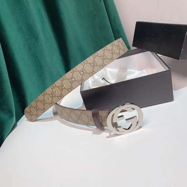 Gucci GG Marmont Beige Brown Monogram Canvas Interlocking G Buckle Leather Belt 7