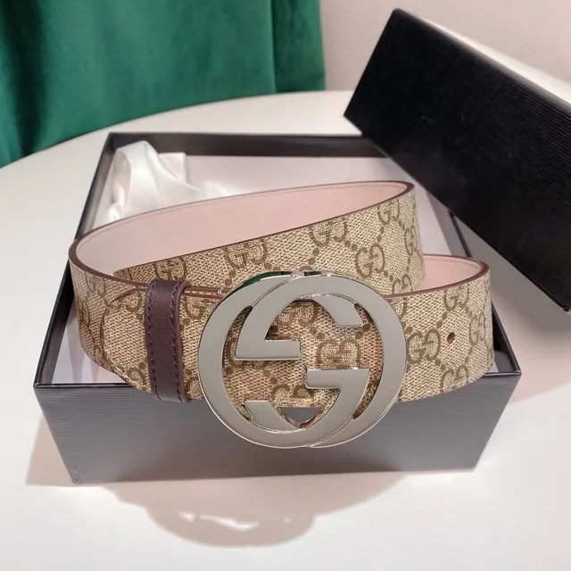 Gucci GG Marmont Beige Brown Monogram Canvas Interlocking G Buckle Leather Belt 8