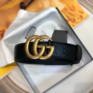 Gucci GG Marmont Black Gold Double G Buckle Leather Belt