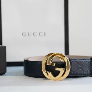 Gucci GG Marmont Black Gold Embossed Monogram Interlocking G Buckle Leather Belt
