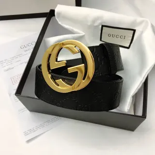 Gucci GG Marmont Black Gold Embossed Monogram Large Interlocking G Buckle Leather Belt