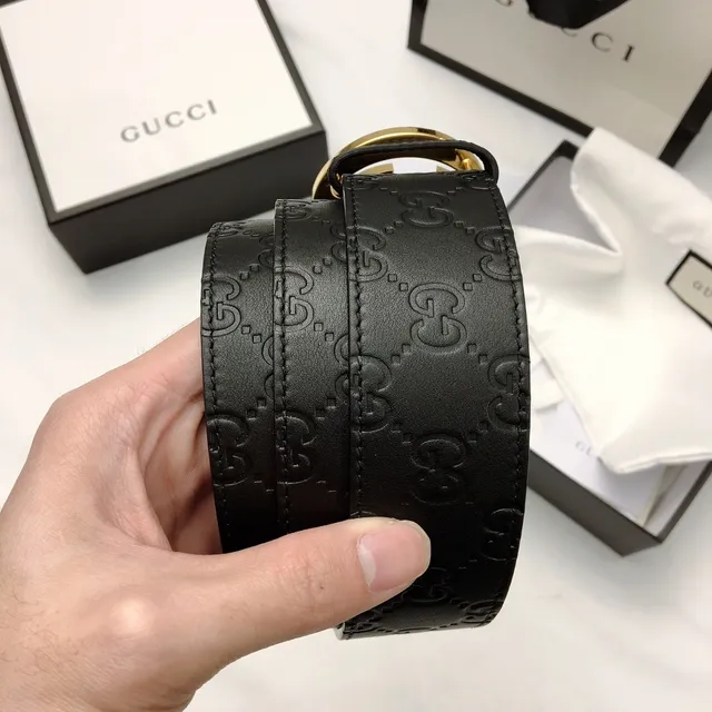 Gucci GG Marmont Black Gold Embossed Monogram Large Interlocking G Buckle Leather Belt 2