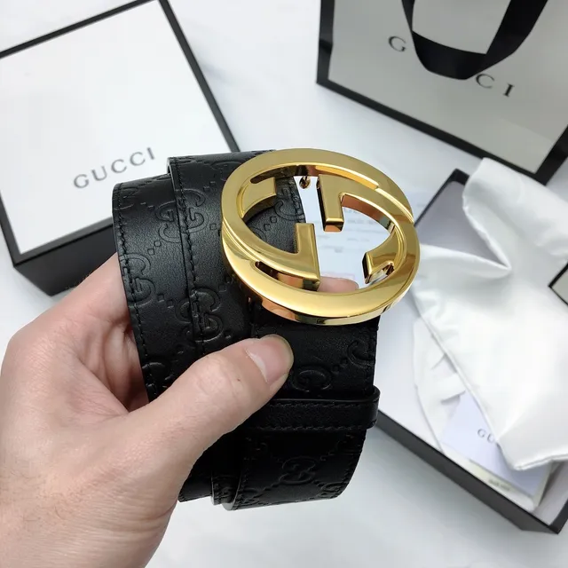 Gucci GG Marmont Black Gold Embossed Monogram Large Interlocking G Buckle Leather Belt 3