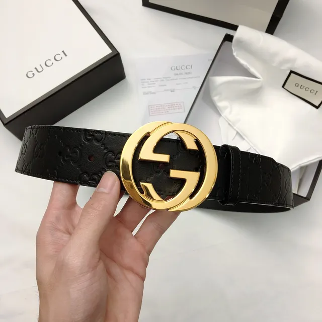 Gucci GG Marmont Black Gold Embossed Monogram Large Interlocking G Buckle Leather Belt 4