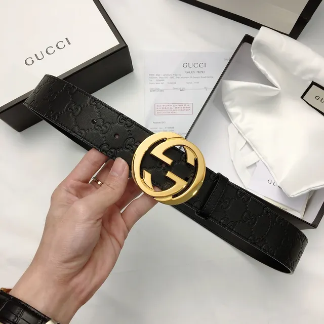 Gucci GG Marmont Black Gold Embossed Monogram Large Interlocking G Buckle Leather Belt 5