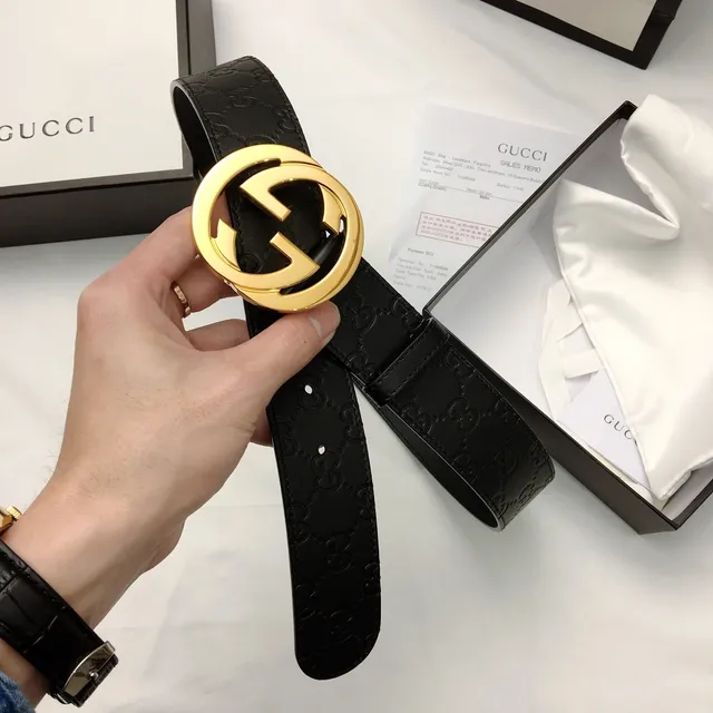 Gucci GG Marmont Black Gold Embossed Monogram Large Interlocking G Buckle Leather Belt 6
