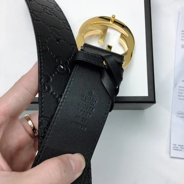Gucci GG Marmont Black Gold Embossed Monogram Large Interlocking G Buckle Leather Belt 7