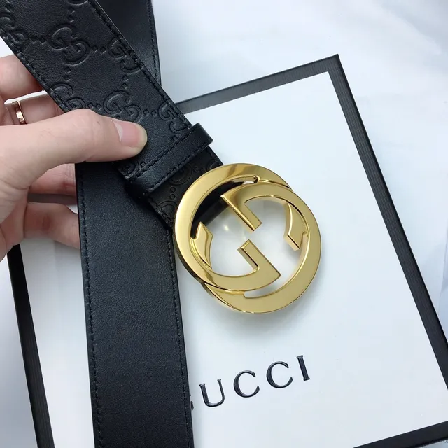 Gucci GG Marmont Black Gold Embossed Monogram Large Interlocking G Buckle Leather Belt 8