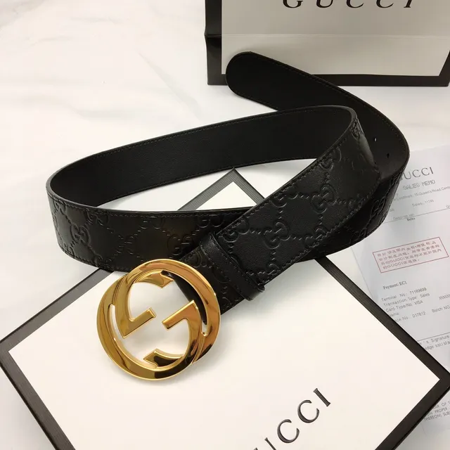 Gucci GG Marmont Black Gold Embossed Monogram Large Interlocking G Buckle Leather Belt 9
