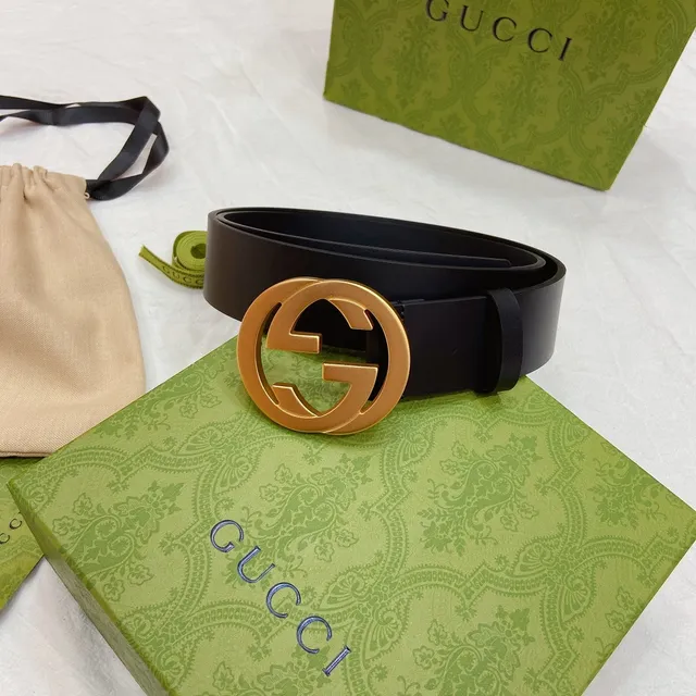 Gucci GG Marmont حزام جلدي أسود ذهبي مطفي مع إبزيم متشابك G 9