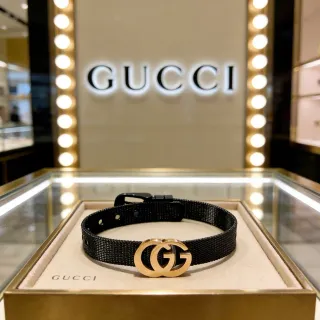 Gucci GG Marmont Pulsera Banda Tejida Negra Dorado Interlocking Double-G Clasp