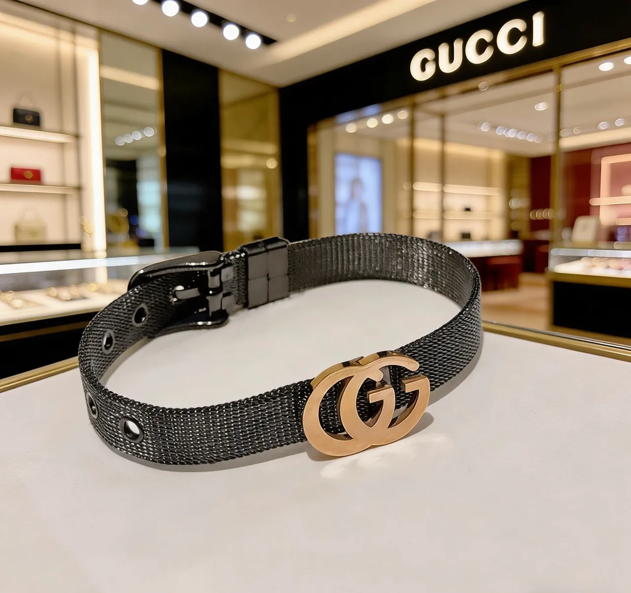 Gucci GG Marmont Black Gold Woven Band Interlocking Double-G Clasp Bracelet 3