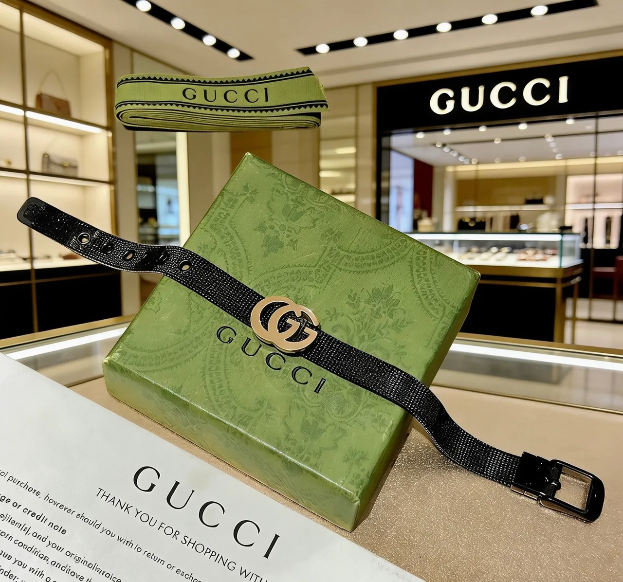 Gucci GG Marmont Black Gold Woven Band Interlocking Double-G Clasp Bracelet 6