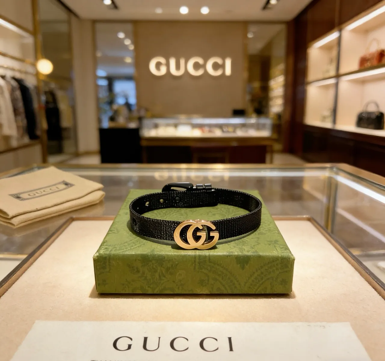 Gucci GG Marmont Black Gold Woven Band Interlocking Double-G Clasp Bracelet 7