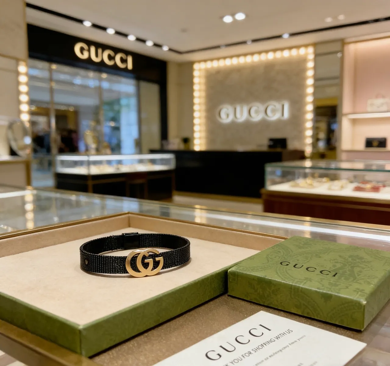 Gucci GG Marmont Black Gold Woven Band Interlocking Double-G Clasp Bracelet 8