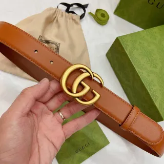 Gucci GG Marmont Brown Gold Tan Smooth Interlocking Double G Buckle Leather Belt