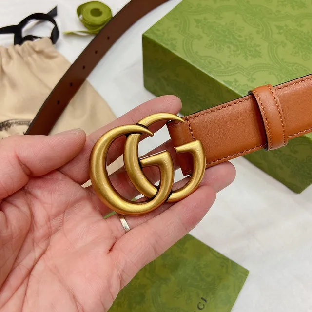 Gucci GG Marmont بني ذهبي بيج ناعم متشابك دوبل ج إبزيم حزام جلد 2