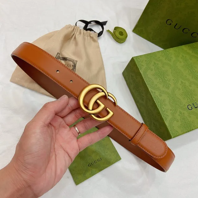Gucci GG Marmont بني ذهبي بيج ناعم متشابك دوبل ج إبزيم حزام جلد 3