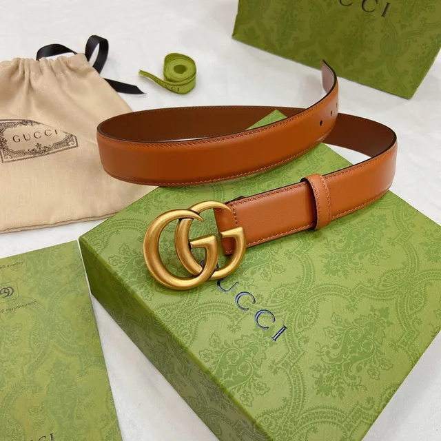 Gucci GG Marmont بني ذهبي بيج ناعم متشابك دوبل ج إبزيم حزام جلد 4
