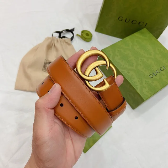 Gucci GG Marmont بني ذهبي بيج ناعم متشابك دوبل ج إبزيم حزام جلد 5