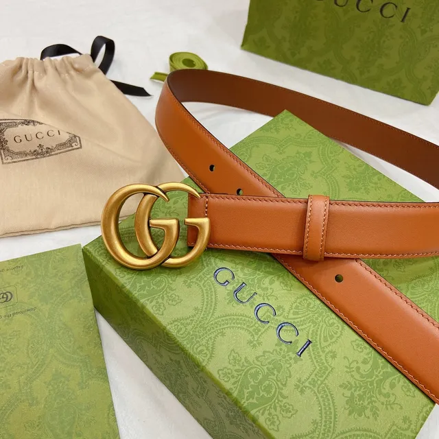 Gucci GG Marmont بني ذهبي بيج ناعم متشابك دوبل ج إبزيم حزام جلد 7