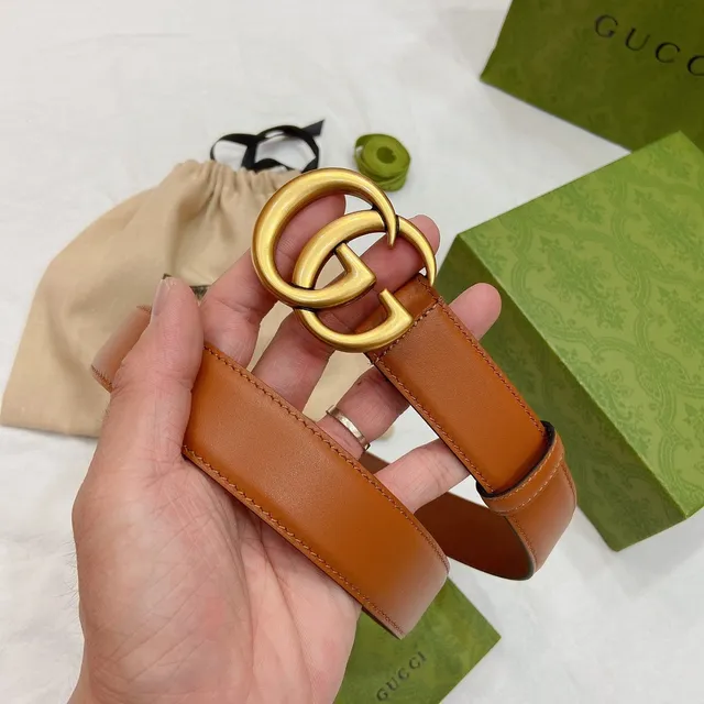 Gucci GG Marmont بني ذهبي بيج ناعم متشابك دوبل ج إبزيم حزام جلد 8