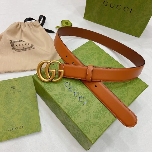 Gucci GG Marmont بني ذهبي بيج ناعم متشابك دوبل ج إبزيم حزام جلد 9