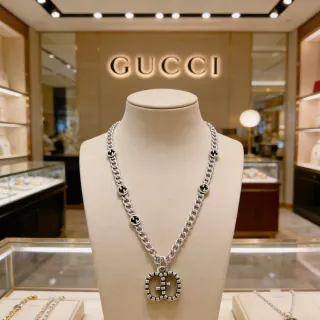 Gucci GG Marmont Crystal-Embellished Silver and Black Necklace