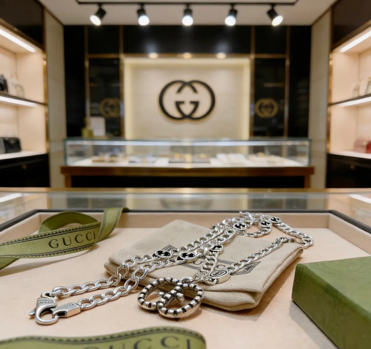 Gucci GG Marmont Crystal-Embellished Silver and Black Necklace 3