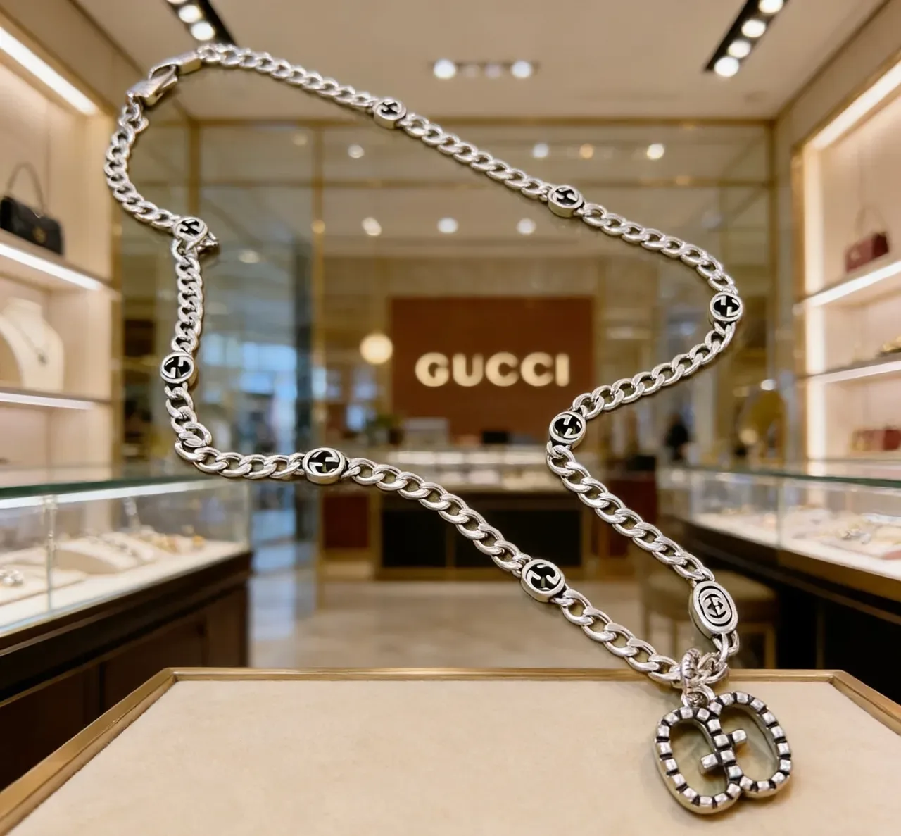 Gucci GG Marmont Crystal-Embellished Silver and Black Necklace 4