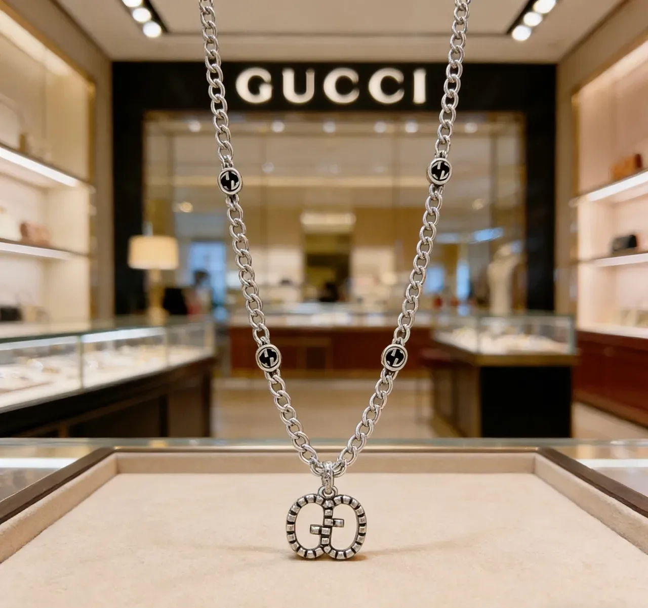 Gucci GG Marmont Crystal-Embellished Silver and Black Necklace 6