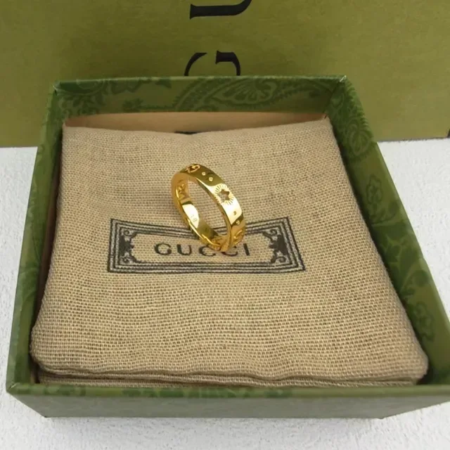 Gucci GG Marmont Gold Silver Stackable Engraved Sunburst Ring 7