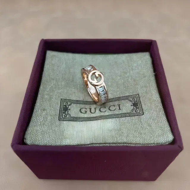 Gucci GG Marmont Gold Transparent Interlocking G Logo Baguette-Cut Stones Ring 5
